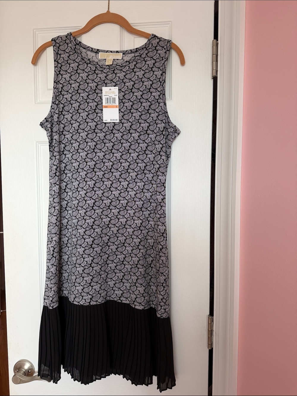Michael Kors Black & White Paisley Pleated-Hem Shift Dress
